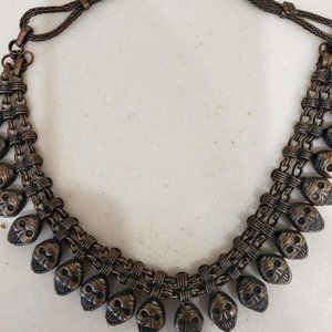 Tribal Smiling 22 Skeleton Heads Copper Color Choker Necklace 16 " Hook Clasp
